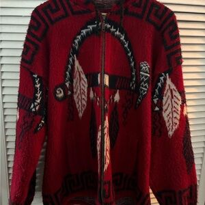 Red Aztec wool indigenous hooded Zip-Up Knit Cardigan Sweater
